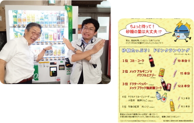 社内の自動販売機の写真と糖分量の多い飲み物ランキングのポスター